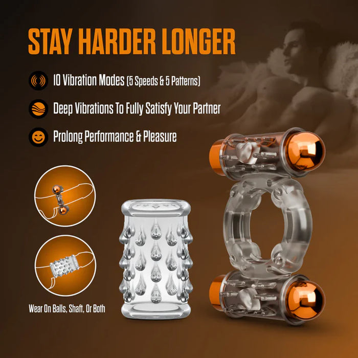 Promotional image for the Stay Hard vibrating cock ring set by Blush highlighting 10 vibration modes, textured sleeve attachment, and dual vibrating rings designed for enhanced stamina and partner stimulation.