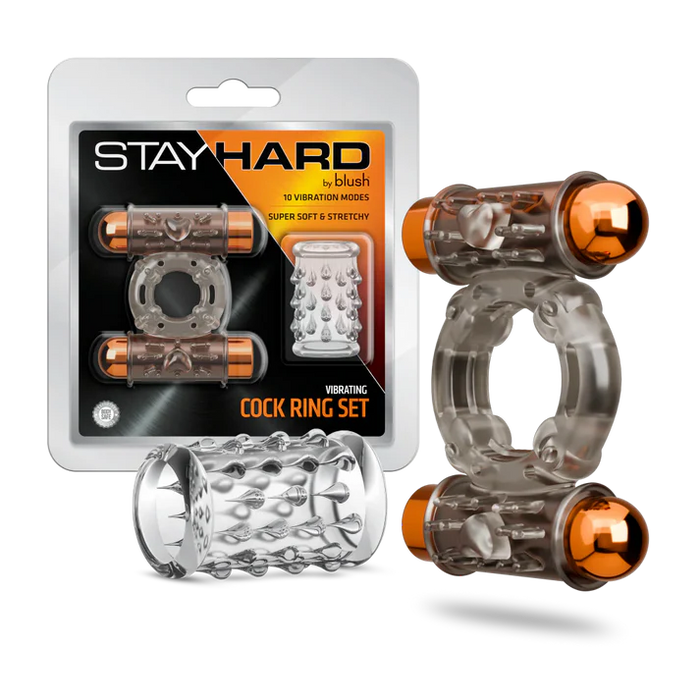 Stay Hard vibrating cock ring set by Blush featuring two vibrating rings with bullet vibrators and a textured sleeve attachment, shown alongside retail packaging.