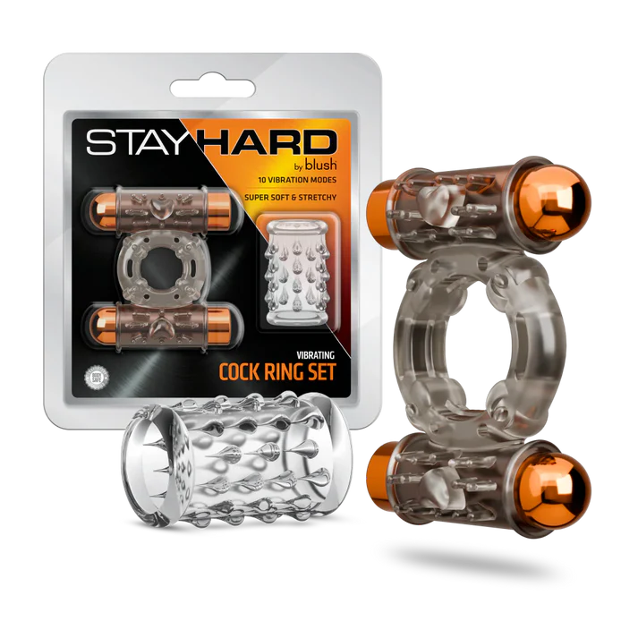 Stay Hard vibrating cock ring set by Blush featuring two vibrating rings with bullet vibrators and a textured sleeve attachment, shown alongside retail packaging.