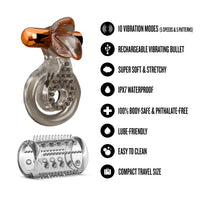 Stay Hard vibrating cock ring set by Blush with textured sleeve attachment and feature icons highlighting 10 vibration modes, rechargeable bullet, waterproof design, body-safe materials, and easy-to-clean construction.