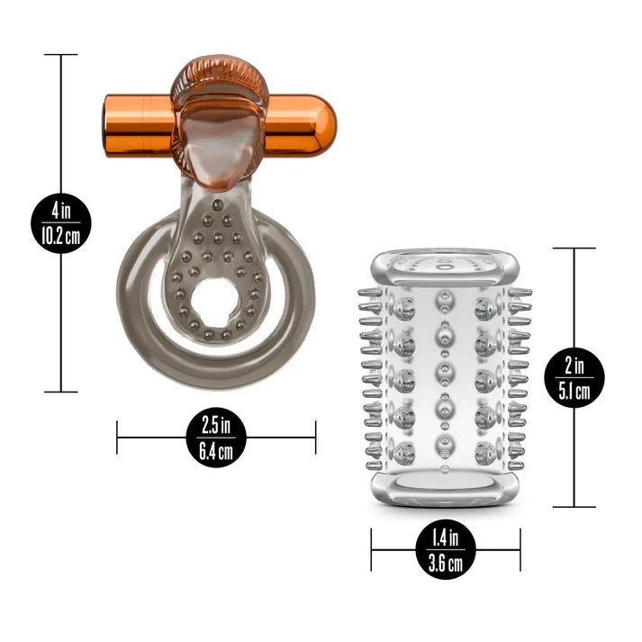 Stay Hard vibrating cock ring set by Blush displayed with product dimensions for the vibrating ring and textured sleeve attachment, including width and height measurements.