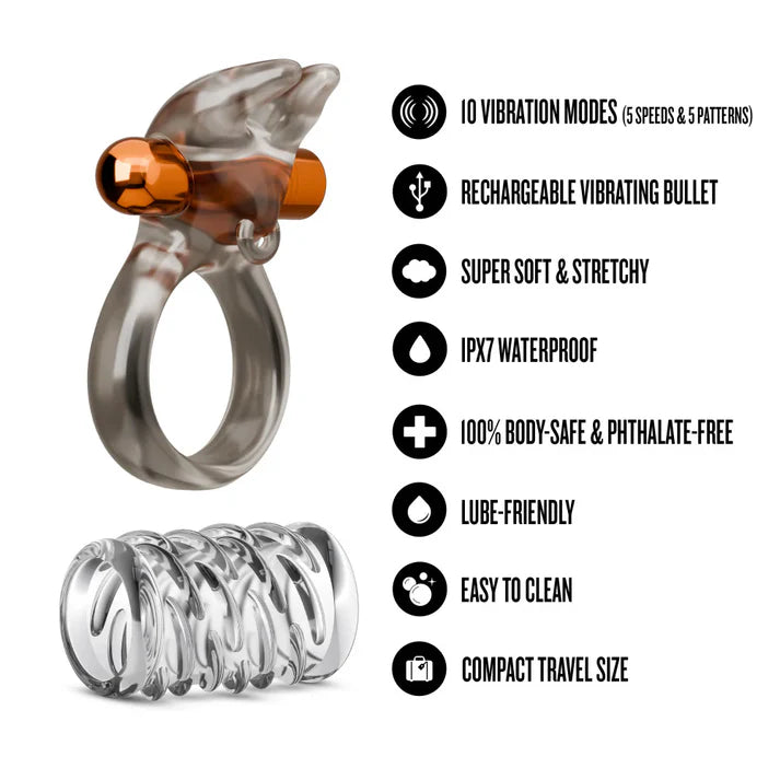 Stay Hard vibrating cock ring set by Blush with dual-prong stimulator attachment and feature icons highlighting 10 vibration modes, rechargeable bullet, waterproof design, body-safe materials, and easy-to-clean construction.