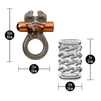 Stay Hard vibrating cock ring set by Blush displayed with product dimensions for the vibrating ring and textured sleeve attachment, including width and height measurements.