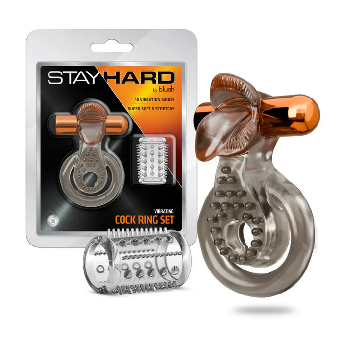 Stay Hard vibrating cock ring set by Blush featuring a textured vibrating ring with dual bullet vibrators and textured sleeve attachment, shown alongside retail packaging.