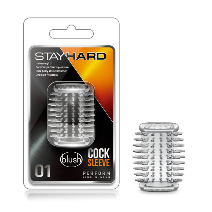 clear jelly spiked cock ring sleeve next to stayhard package