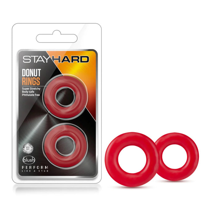 2 pack red donut rings next to stayhard package