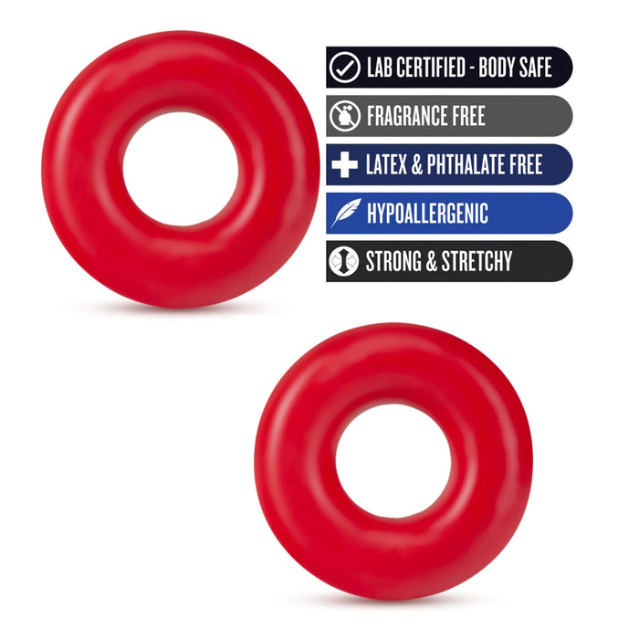 red oversized donut rings with information