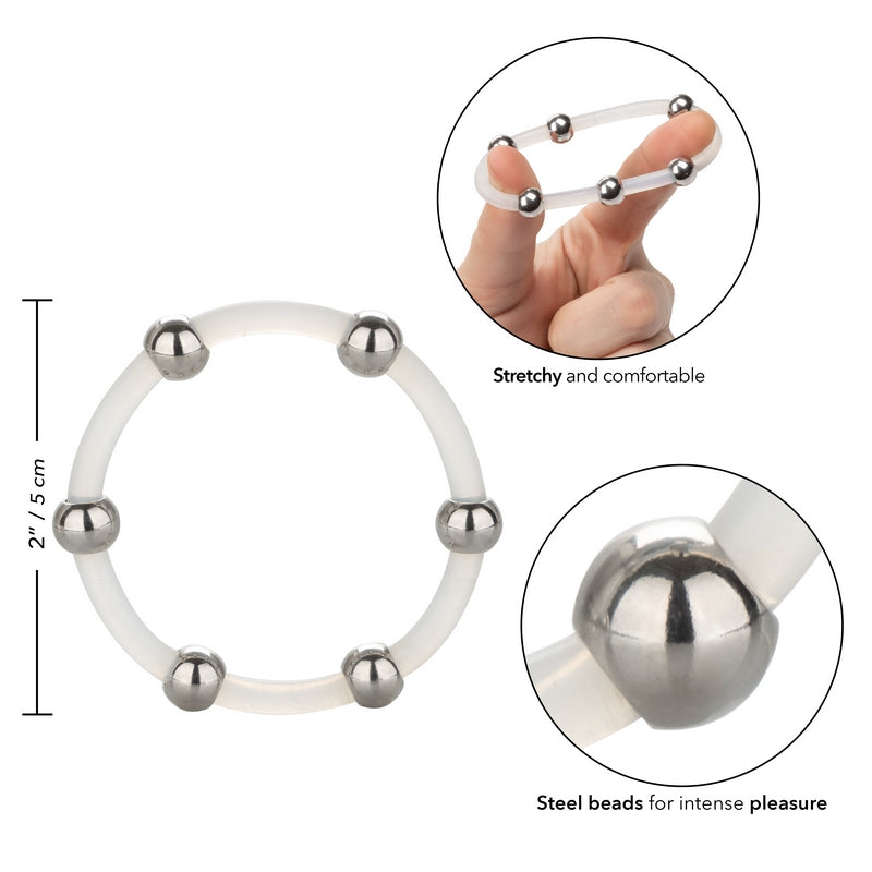 steel beaded silicone cock ring with measurements and information