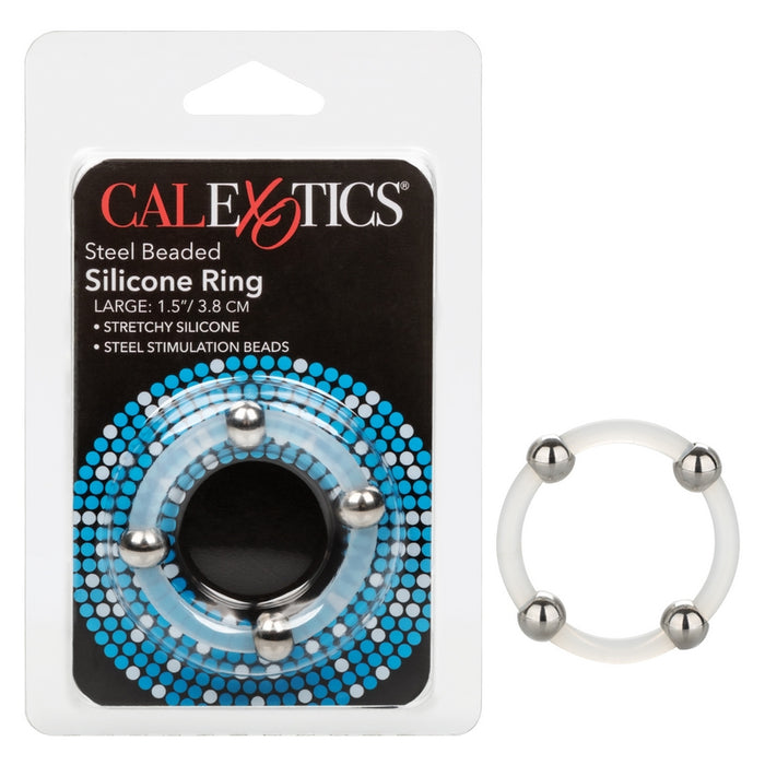 large steel beaded silicone cock ring next to cal exotics package