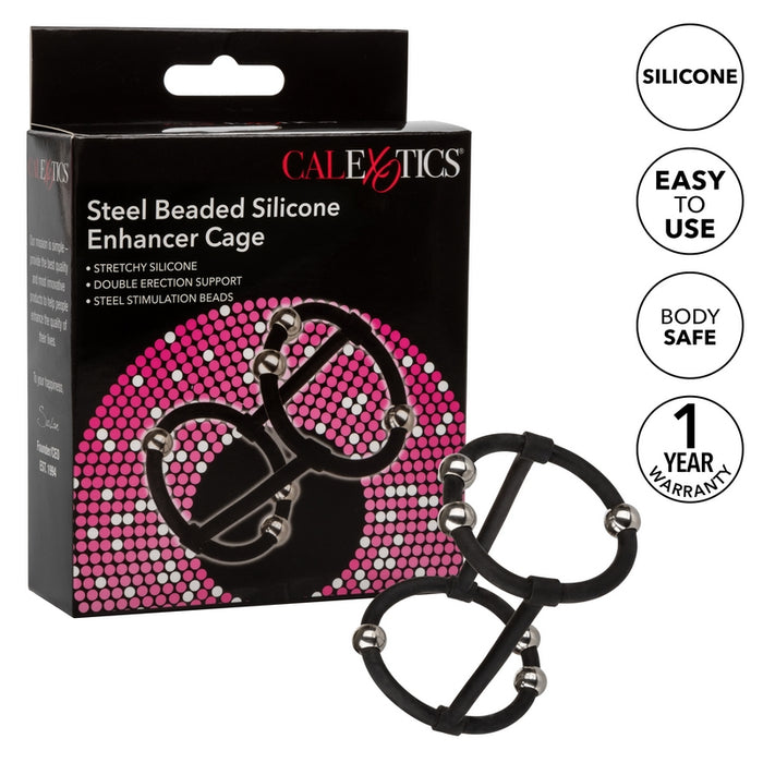 steel beaded black double enhancer cock ring cage next to cal exotics package