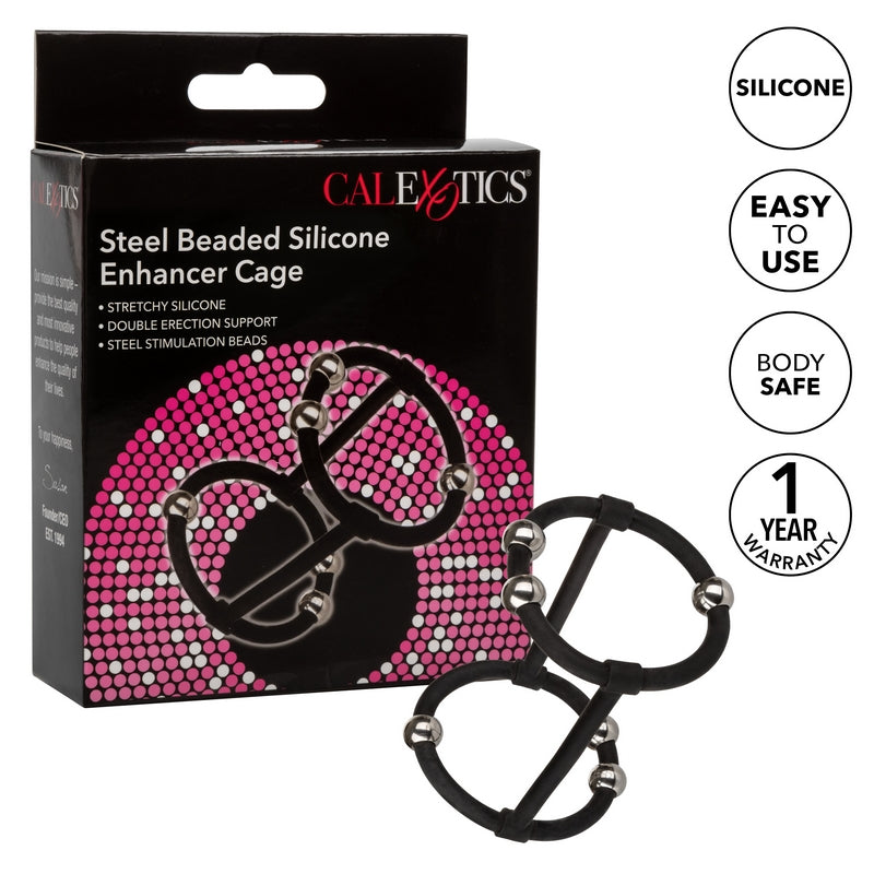 steel beaded black double enhancer cock ring cage next to cal exotics package