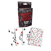 naughty stick figures in naughty poses playing cards beside box packaging