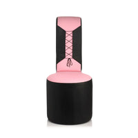 Black and pink chair with corset design on a white background