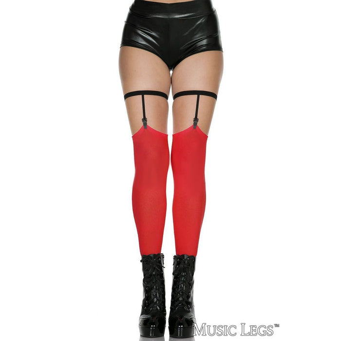 Red stockings with black garters worn with black high-waisted shorts and black boots on a white background.