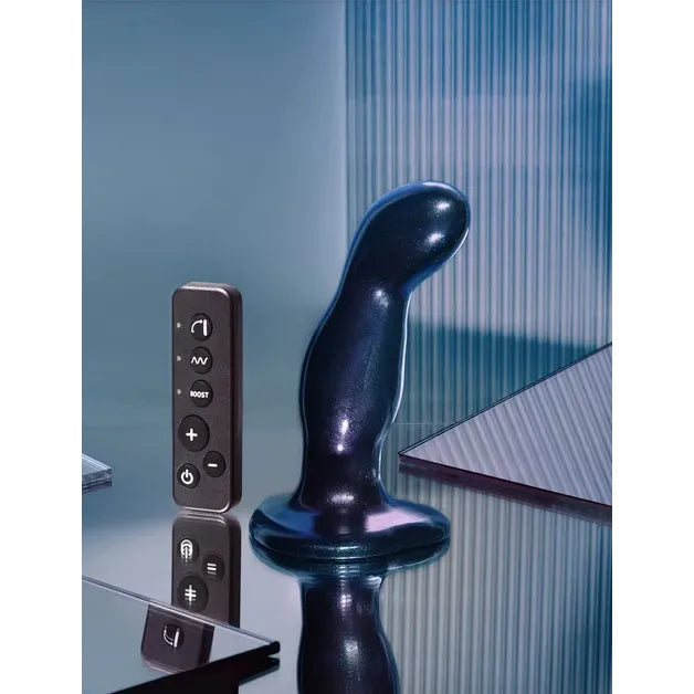 blue curved vibrating dildo sitting on table
