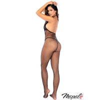 Woman wearing a black fishnet bodystocking with 'Mapale' branding on a white background