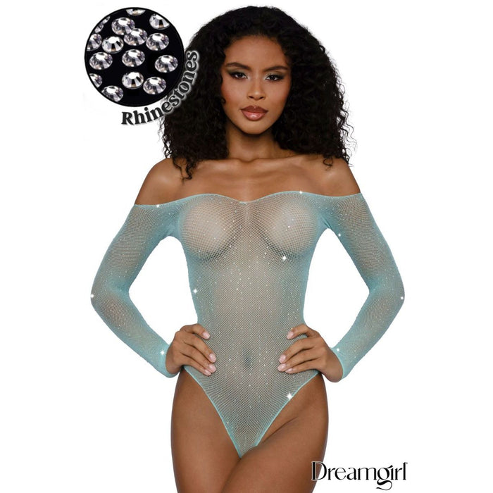Model wearing a sparkly bodysuit with rhinestone accents, featuring the Dreamgirl brand.