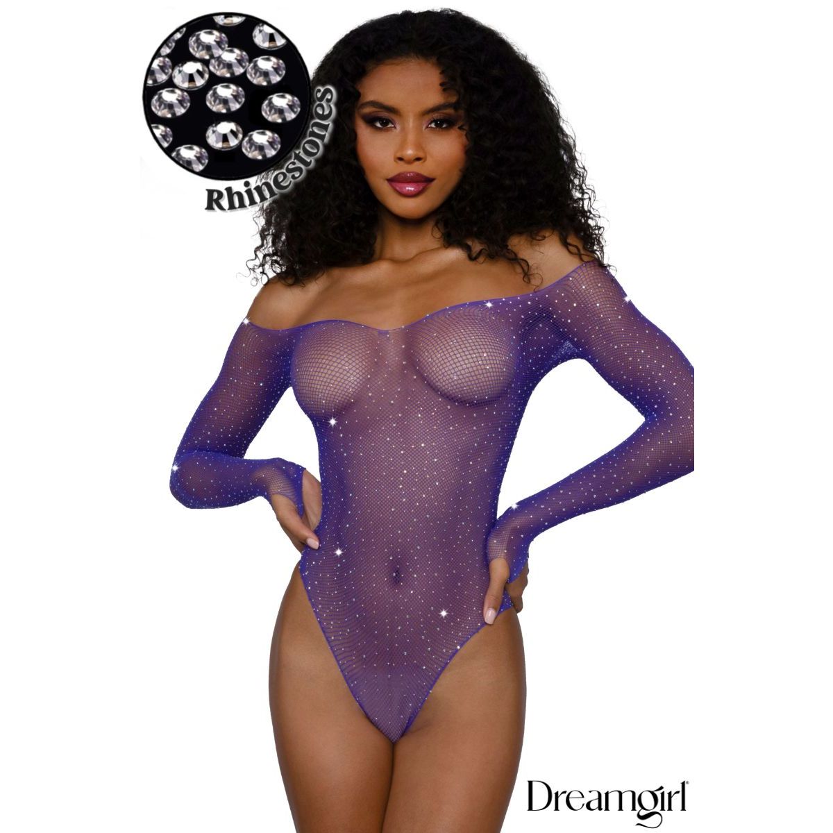 Model wearing a purple rhinestone bodysuit with 'Dreamgirl' branding.