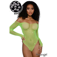 Model wearing a green fishnet bodysuit with rhinestones, branded 'Dreamgirl'.