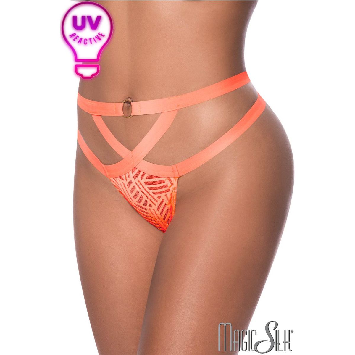 mesh thong with a high-waist waistband made from thick criss-cross elastics featuring a decorative golden ring.