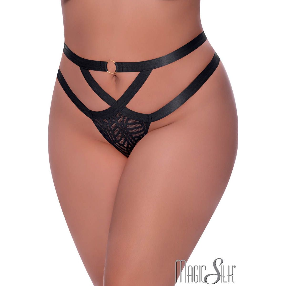 mesh thong with a high-waist waistband made from thick criss-cross elastics featuring a decorative golden ring.