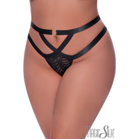 mesh thong with a high-waist waistband made from thick criss-cross elastics featuring a decorative golden ring.