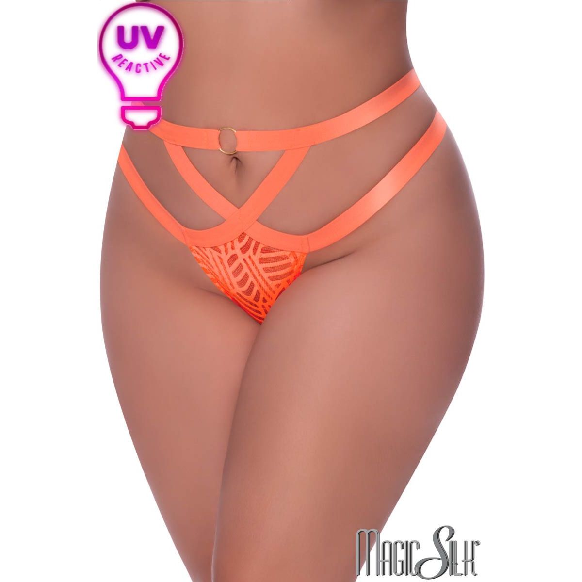 mesh thong with a high-waist waistband made from thick criss-cross elastics featuring a decorative golden ring.