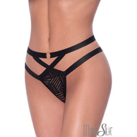 mesh thong with a high-waist waistband made from thick criss-cross elastics featuring a decorative golden ring.