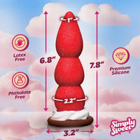 Red silicone strawberry dildo with measurements and 'Simply Sweet' branding on a cloud background