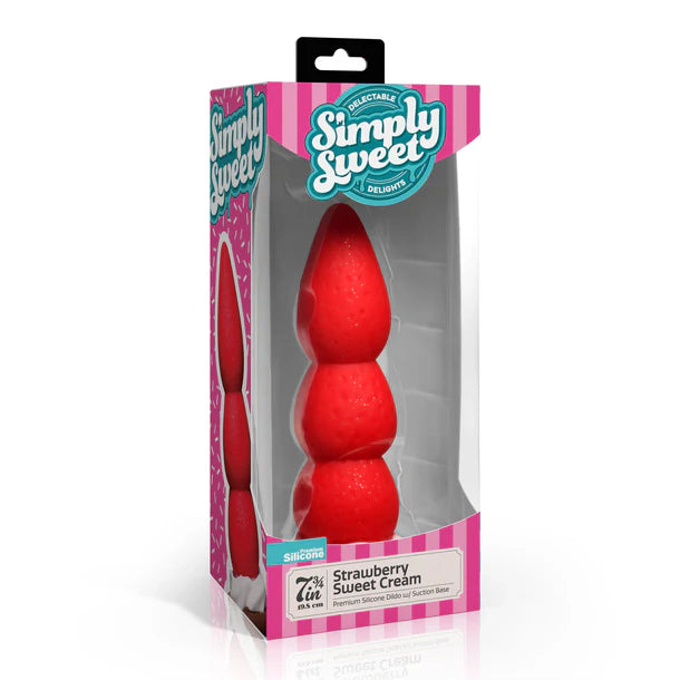 Red strawberry dildo in packaging with 'Simply Sweet' branding on a white background