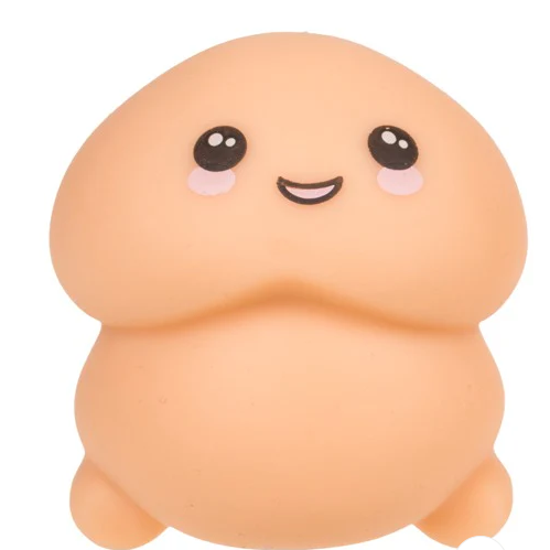 Cute, round, beige squishy toy with black eyes and a smiling mouth on a white background