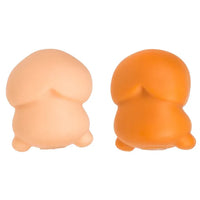 Two cartoon-like figures, one peach and one orange, on a white background