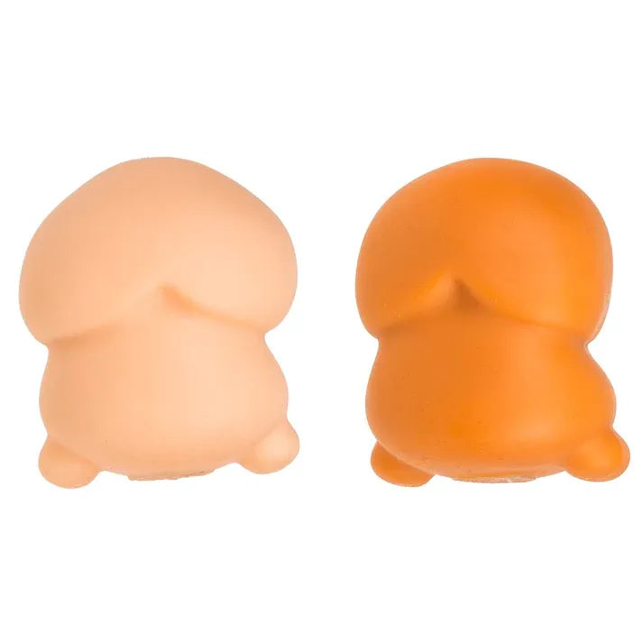 Two cartoon-like figures, one peach and one orange, on a white background