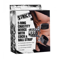 White and grey packaging with a muscular male stomach on the front. The chastity device has two black adjustable rings, one for the penis and the other for the balls. The two black rings are connected to 5 silver rings with locks 