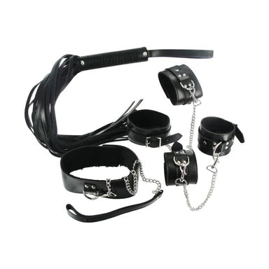 a black kit that includes a collar, a chain leash, cuffs with removeable chains and a flogger.