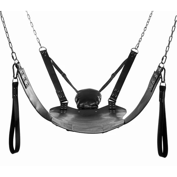 Black and white image of a swing with chains and straps on a white background