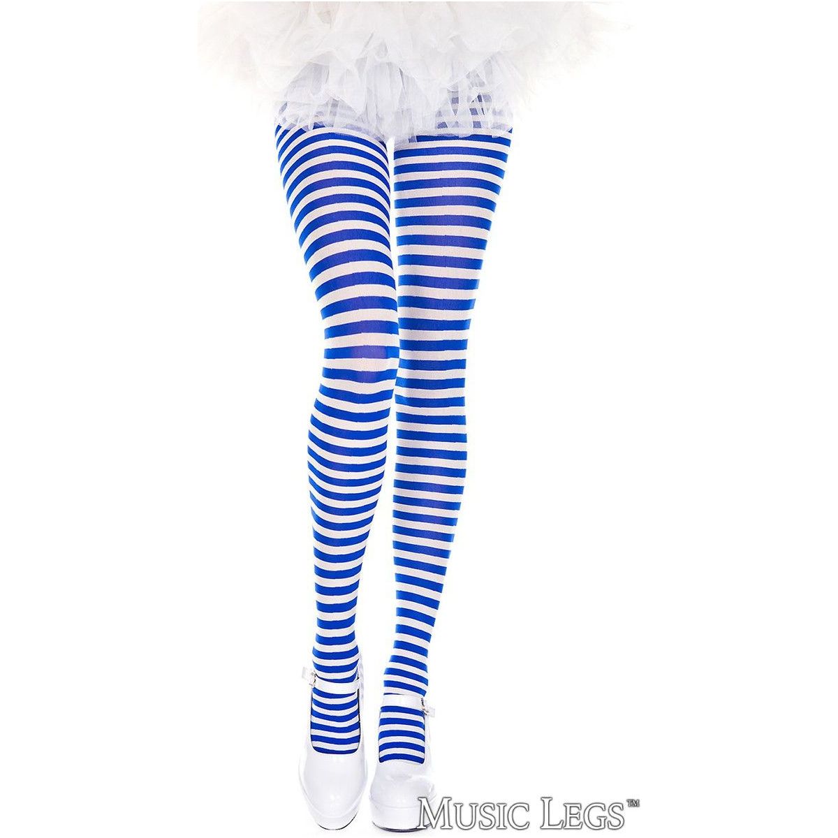 striped nylons in white & royal blue