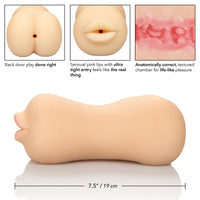Image shows the internal texture of the beige masturbator as well as the mouth and anal opening 
