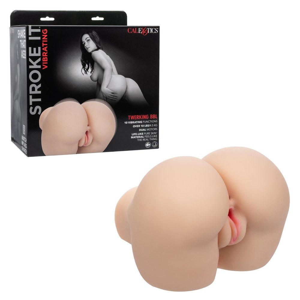 twerking vibrating vagina and butt masturbator with packaging labeled 'Stroke It Vibrating' on a white background