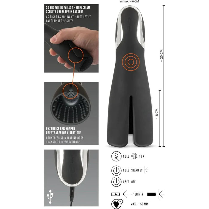 Black hard shell male masturbator with small beads internally, image also shows the vibration and charging information 