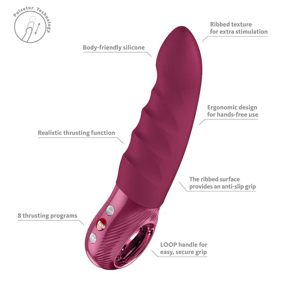 Pink silicone vibrator with text labels on a white background