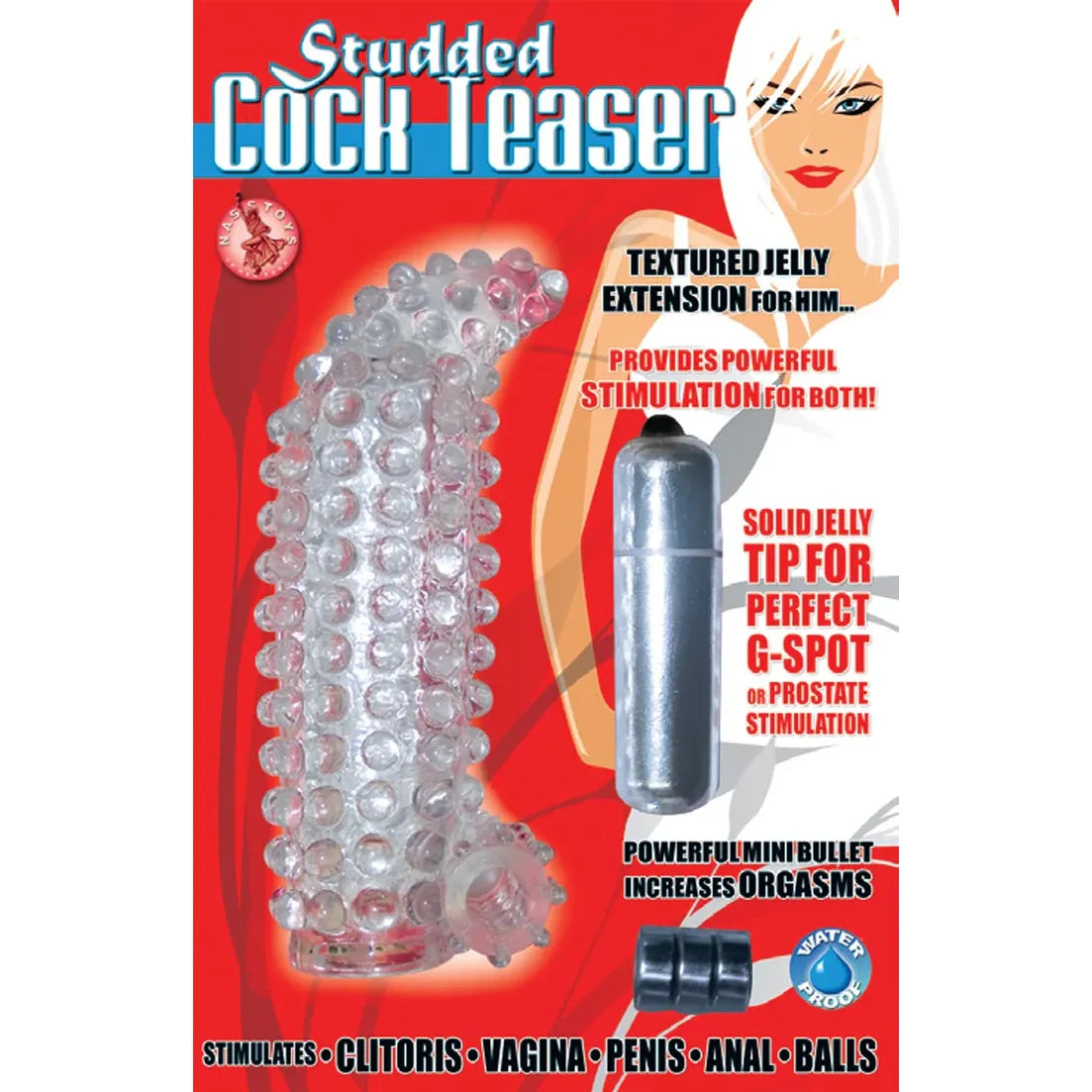 Product packaging for a studded cock teaser with text on a red background