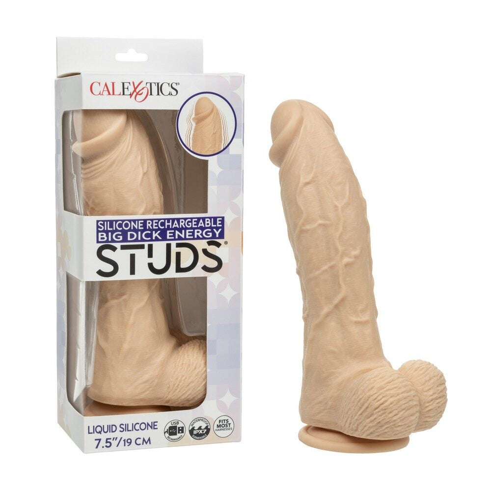 Silicone rechargeable dildo with packaging labeled 'Calexotics Studs' on a white background