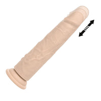 Beige thrusting & vibrating vibrator with a textured surface on a white background