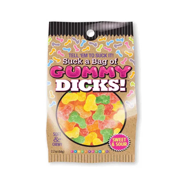 assorted colored sweet and sour gummies in the shape of a penis in a brown bag