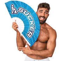 Man holding a blue fan with 'Sucker' branding against a white background