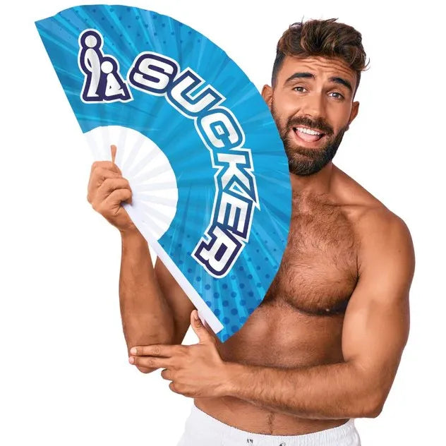 Man holding a blue fan with 'Sucker' branding against a white background