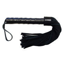 Black leather flogger on a white background