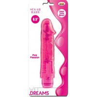 Pink vibrator with packaging labeled 'Sugar Baby' and 'Wet Dreams' on a white background