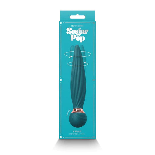a blue display box depicting a blue vibrator with a tapered shaft, twisted vertical ridges along the shaft and a gold ring at the bulb handle